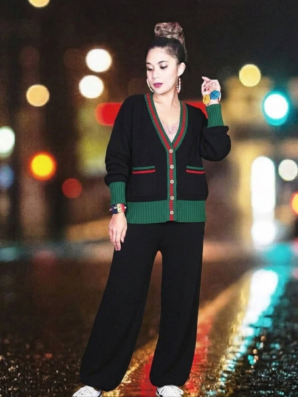 2 Left! 2pcs Black Knit Cardigan & Pants Set with Green Trim